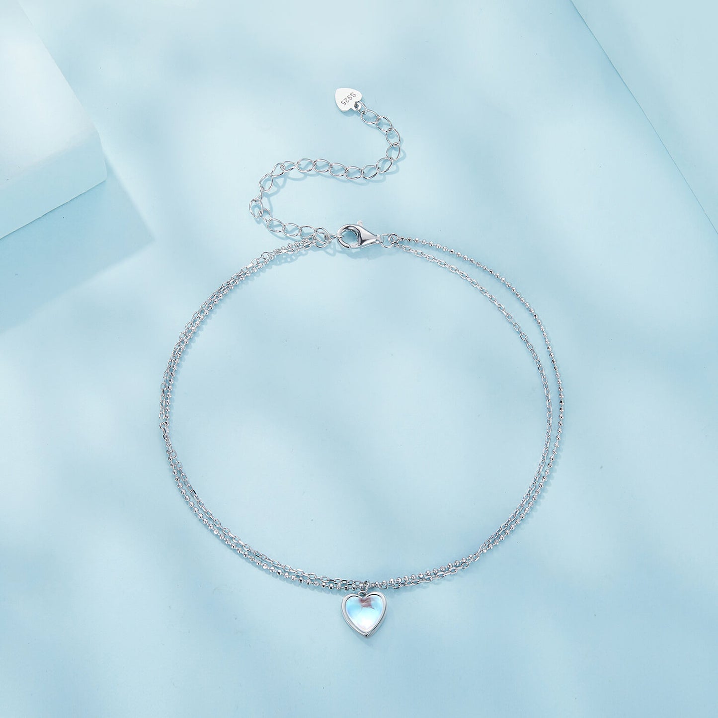 Heart Moonstone Double Layer Anklet in Sterling Silver front