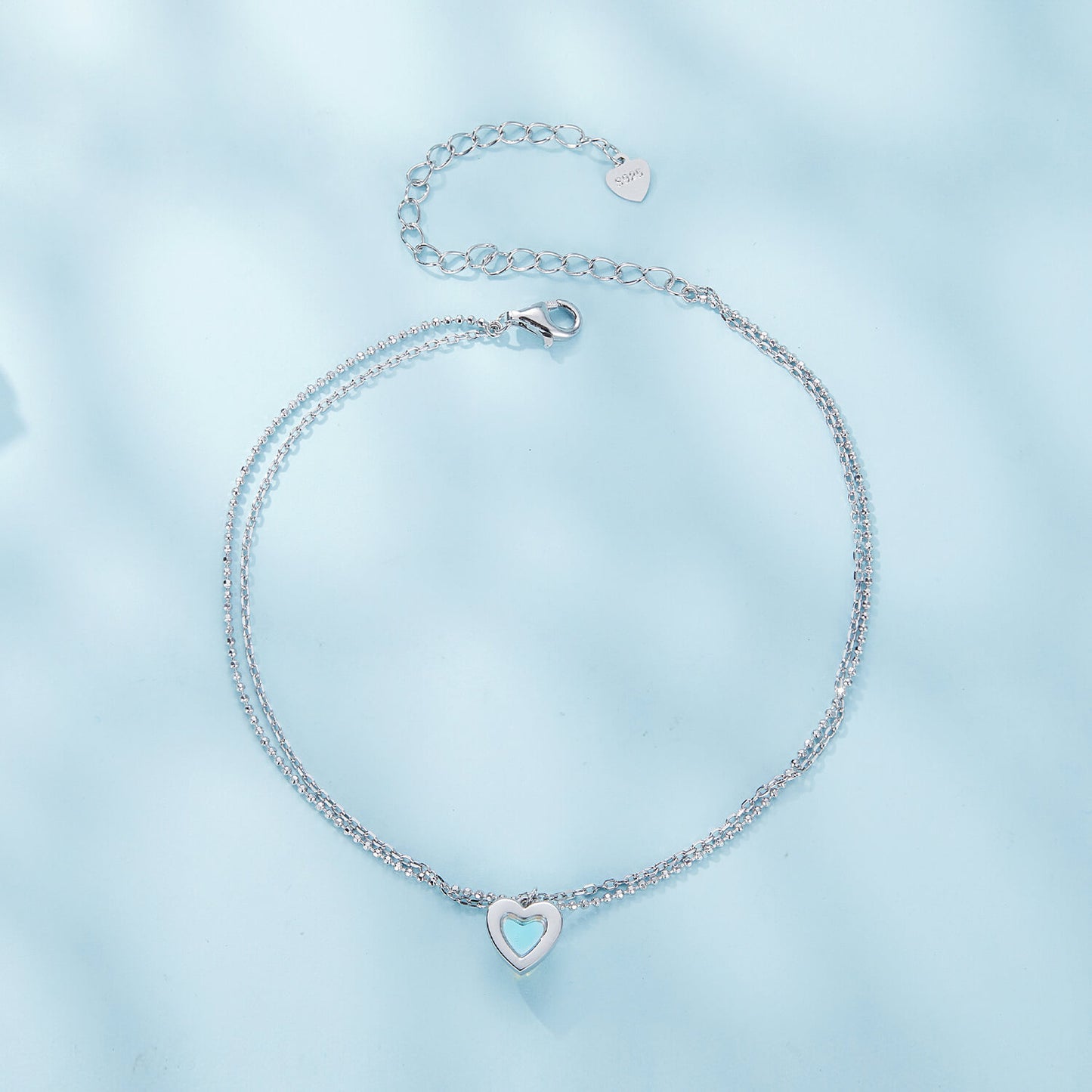 Heart Moonstone Double Layer Anklet in Sterling Silver back