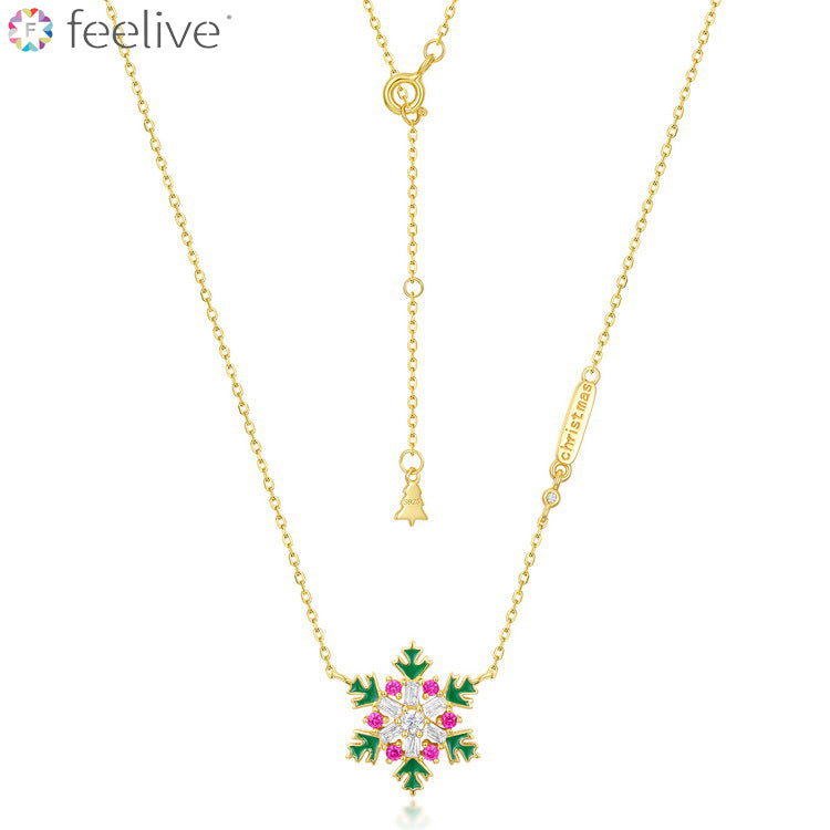 Sparkling Christmas Snowflake 10K Gold Plated Necklace in Sterling Silver - Feelive