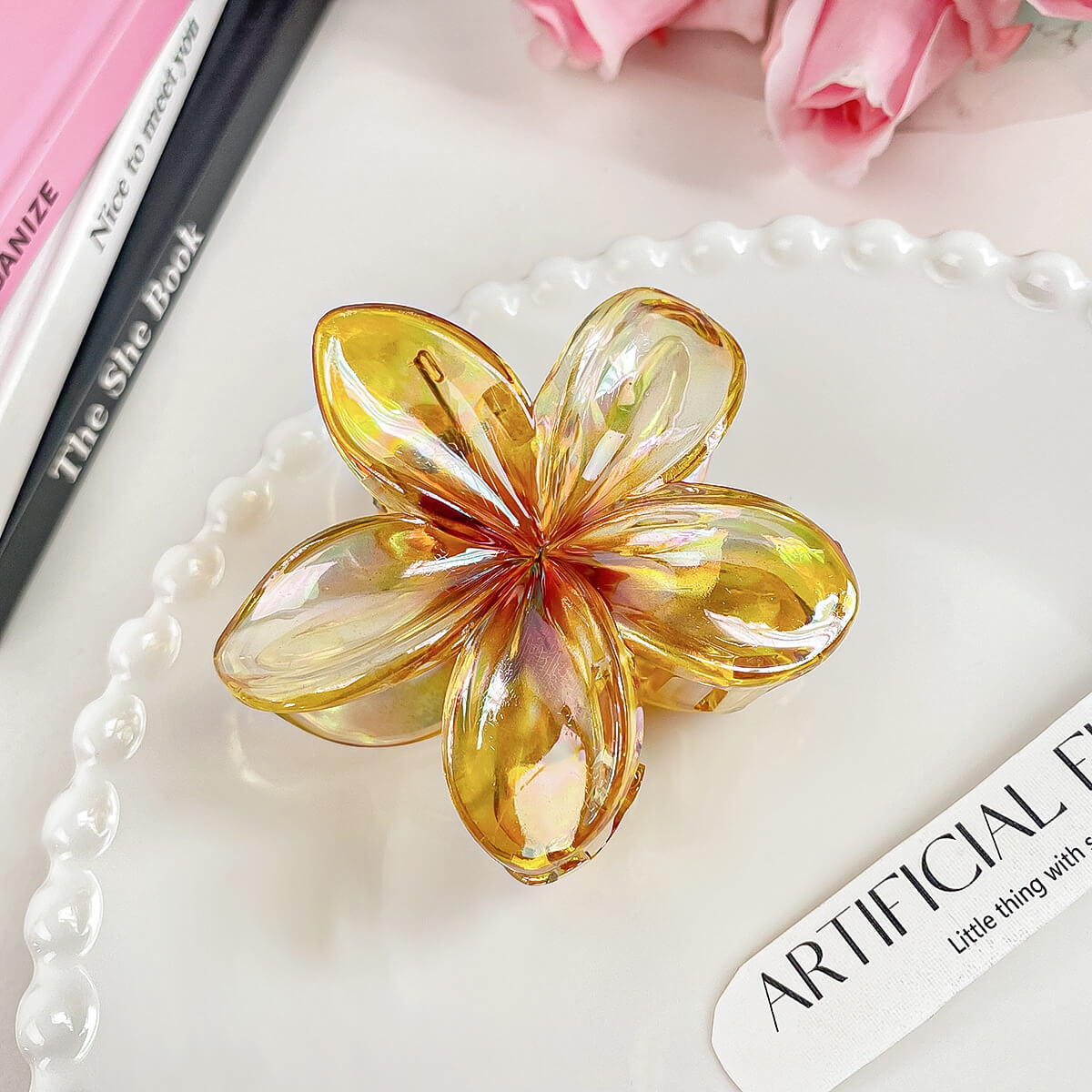 Hawaiian Style Laser Colored Plumeria Flower Shaped Hair Claw Clip - yellow