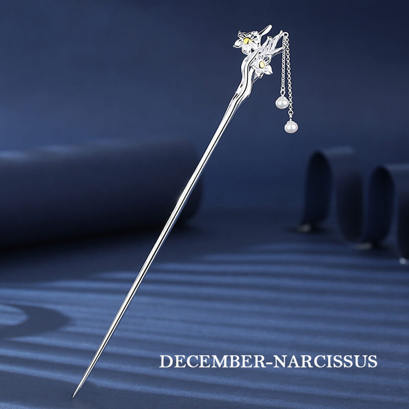 Flower Gods of Twelve Months Hair Stick in Sterling Silver - December Narcissus