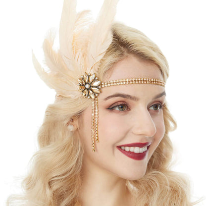 Party Accessories 1920s Gatsby Style Faux Feather Tassel Masquerade Headband - champagne