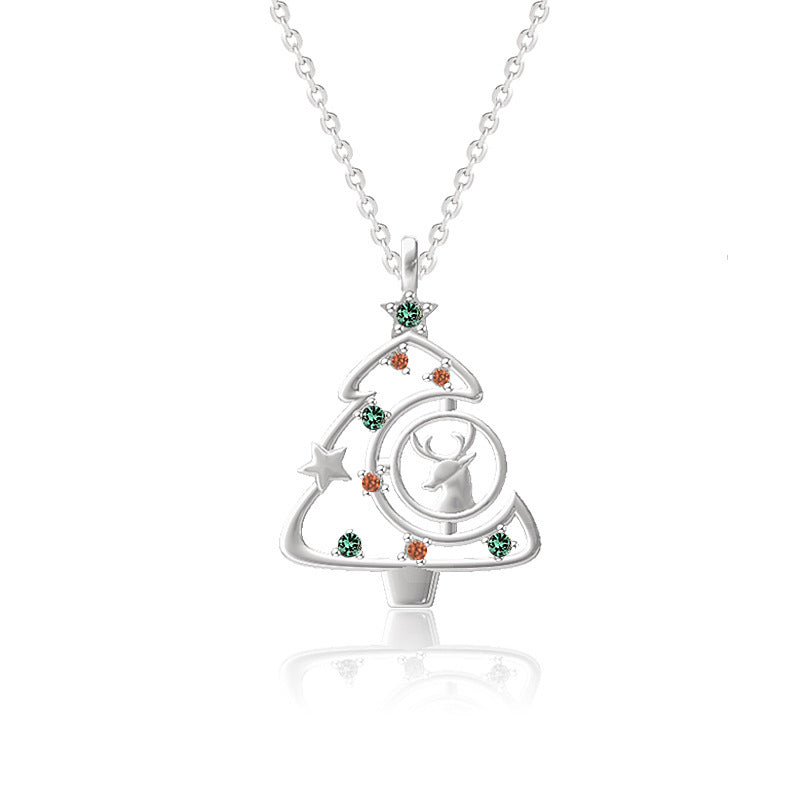 Romantic Christmas Tree and Reindeer Necklace in Sterling Silver - silver