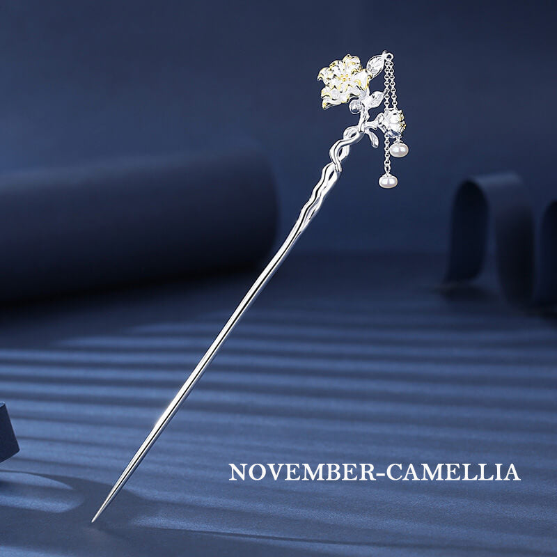 Flower Gods of Twelve Months Hair Stick in Sterling Silver - November Camellia