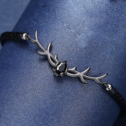 Christmas Reindeer Zircon Braided Couple Bracelets in Sterling Silver - man black