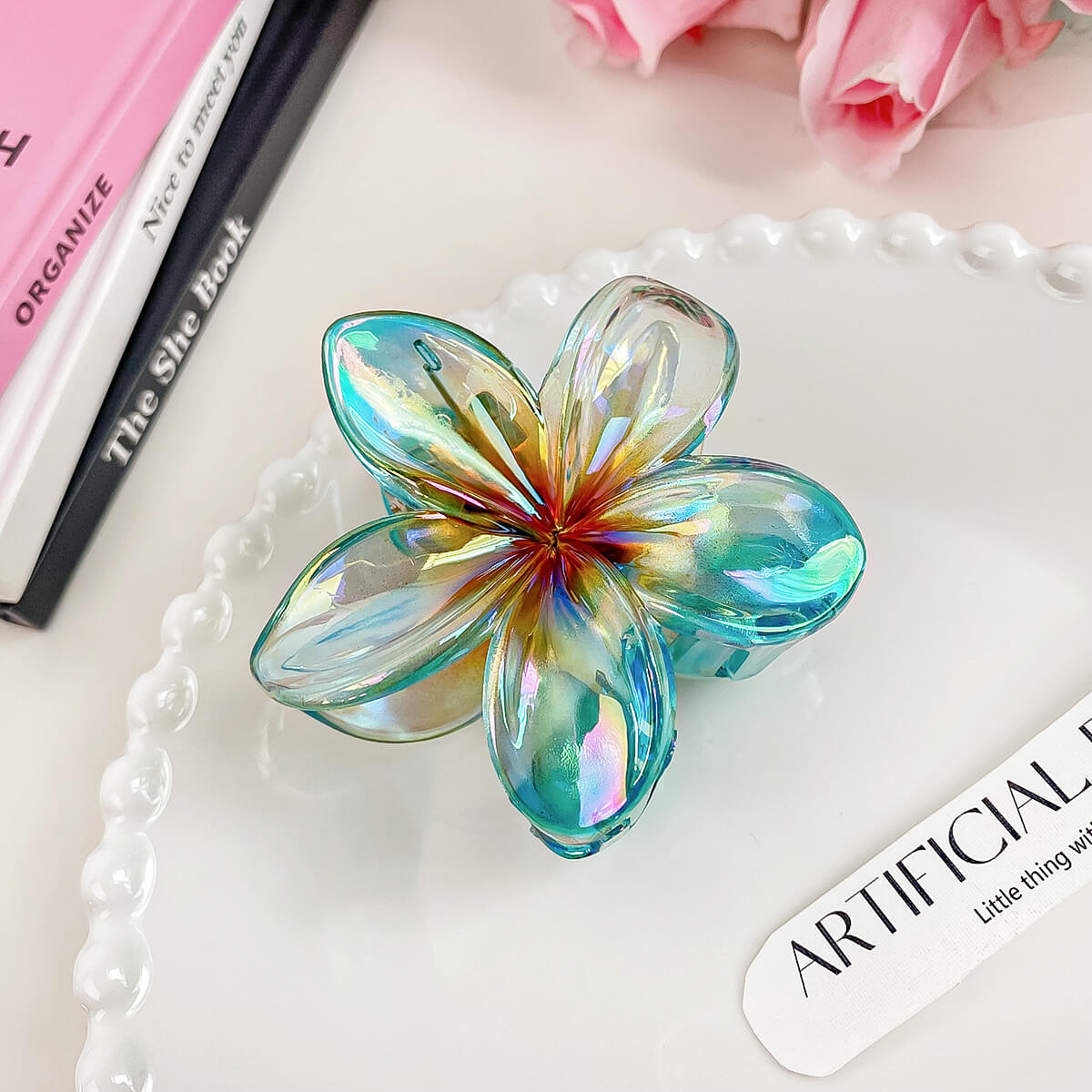 Hawaiian Style Laser Colored Plumeria Flower Shaped Hair Claw Clip - blue