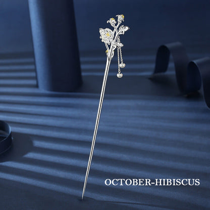 Flower Gods of Twelve Months Hair Stick in Sterling Silver - October Hibiscus