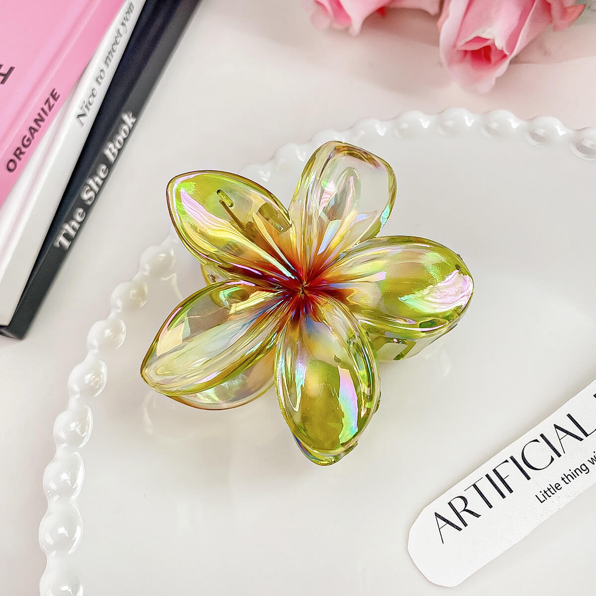 Hawaiian Style Laser Colored Plumeria Flower Shaped Hair Claw Clip - green