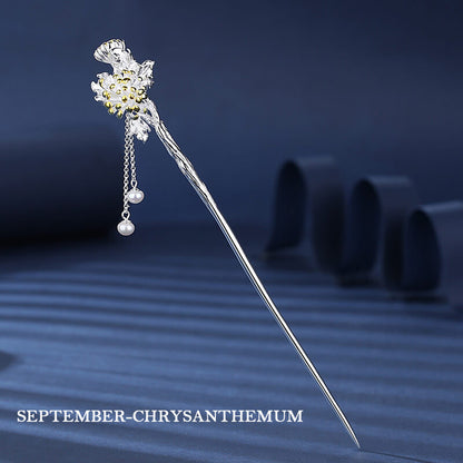 Flower Gods of Twelve Months Hair Stick in Sterling Silver - September Chrysanthemum