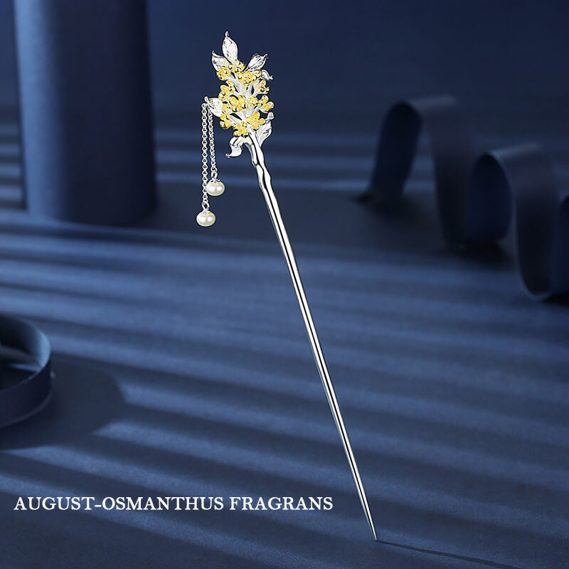 Flower Gods of Twelve Months Hair Stick in Sterling Silver - August Osmanthus Fragrans