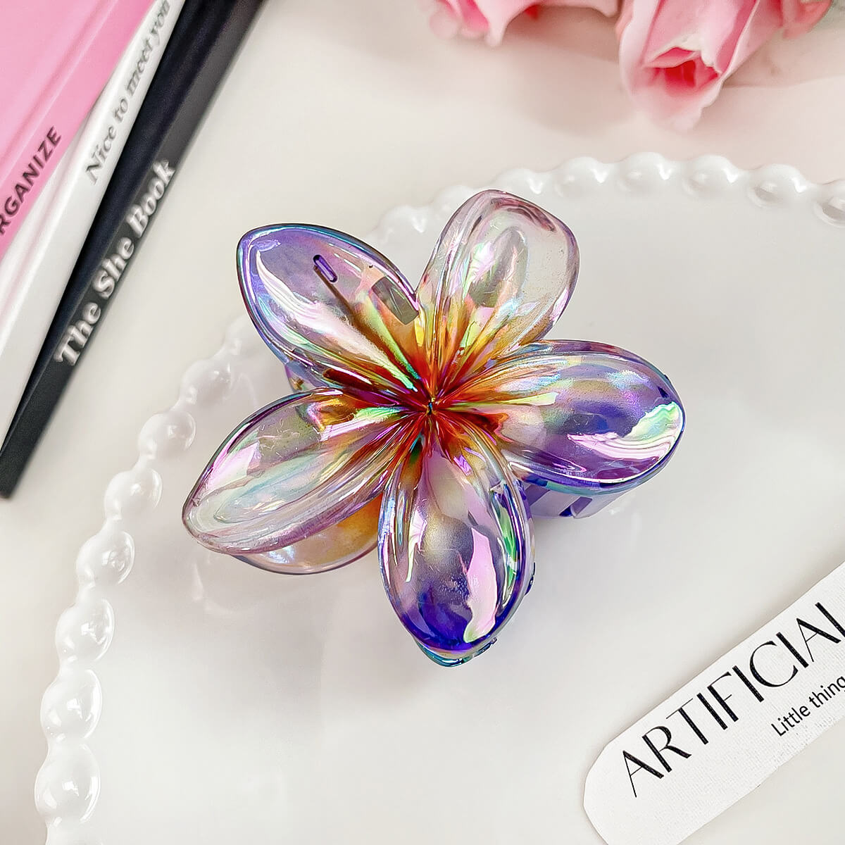 Hawaiian Style Laser Colored Plumeria Flower Shaped Hair Claw Clip - purple