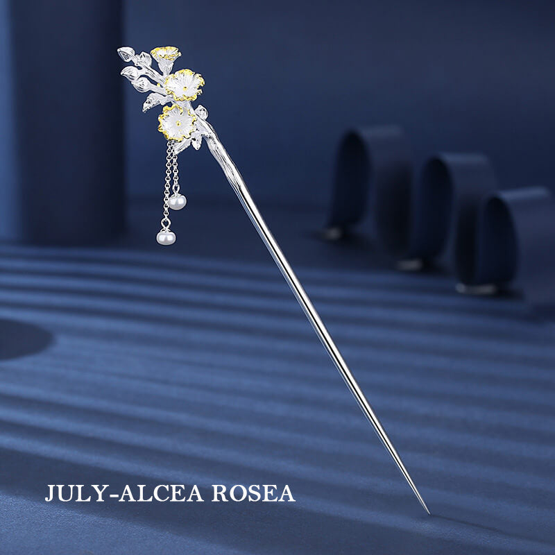 Flower Gods of Twelve Months Hair Stick in Sterling Silver - July Alcea Rosea