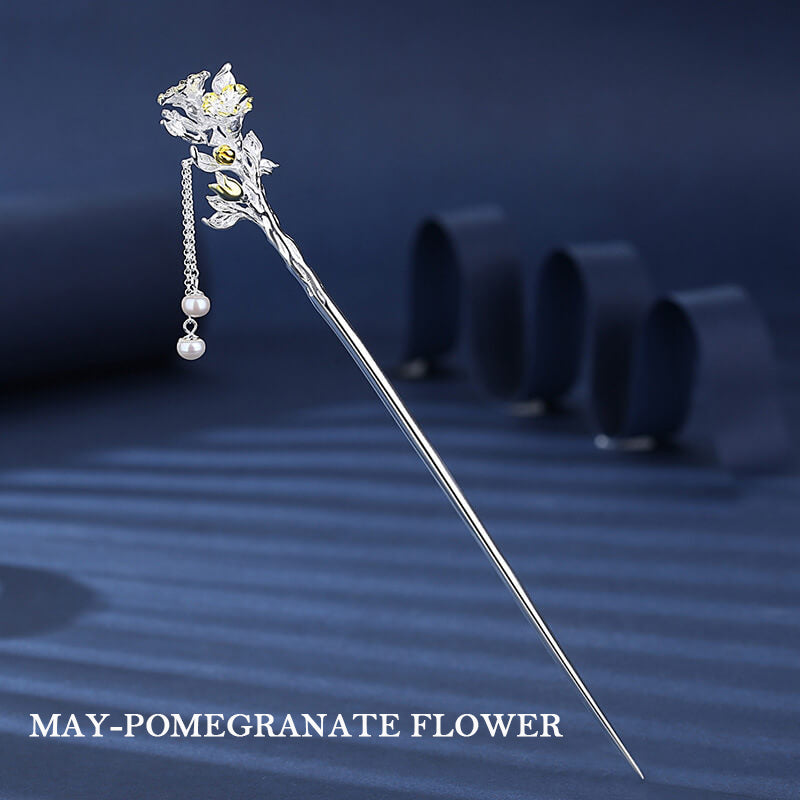 Flower Gods of Twelve Months Hair Stick in Sterling Silver - May Pomegranate Flower