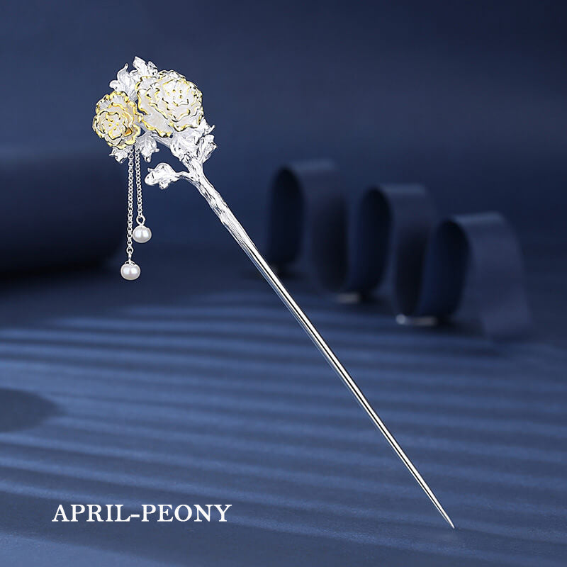 Flower Gods of Twelve Months Hair Stick in Sterling Silver - April Peony