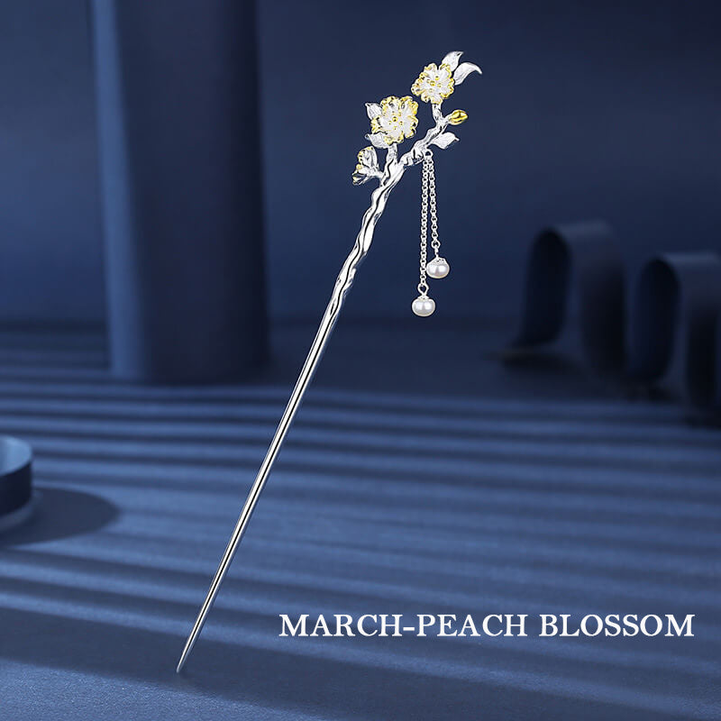 Flower Gods of Twelve Months Hair Stick in Sterling Silver - March Peach Blossom