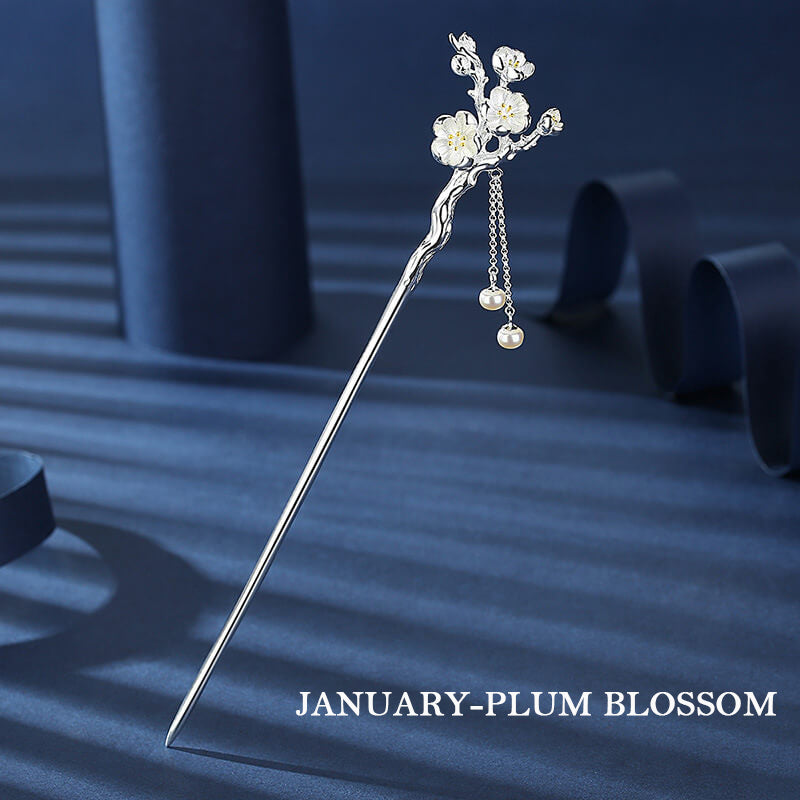 Flower Gods of Twelve Months Hair Stick in Sterling Silver - January Plum Blossom