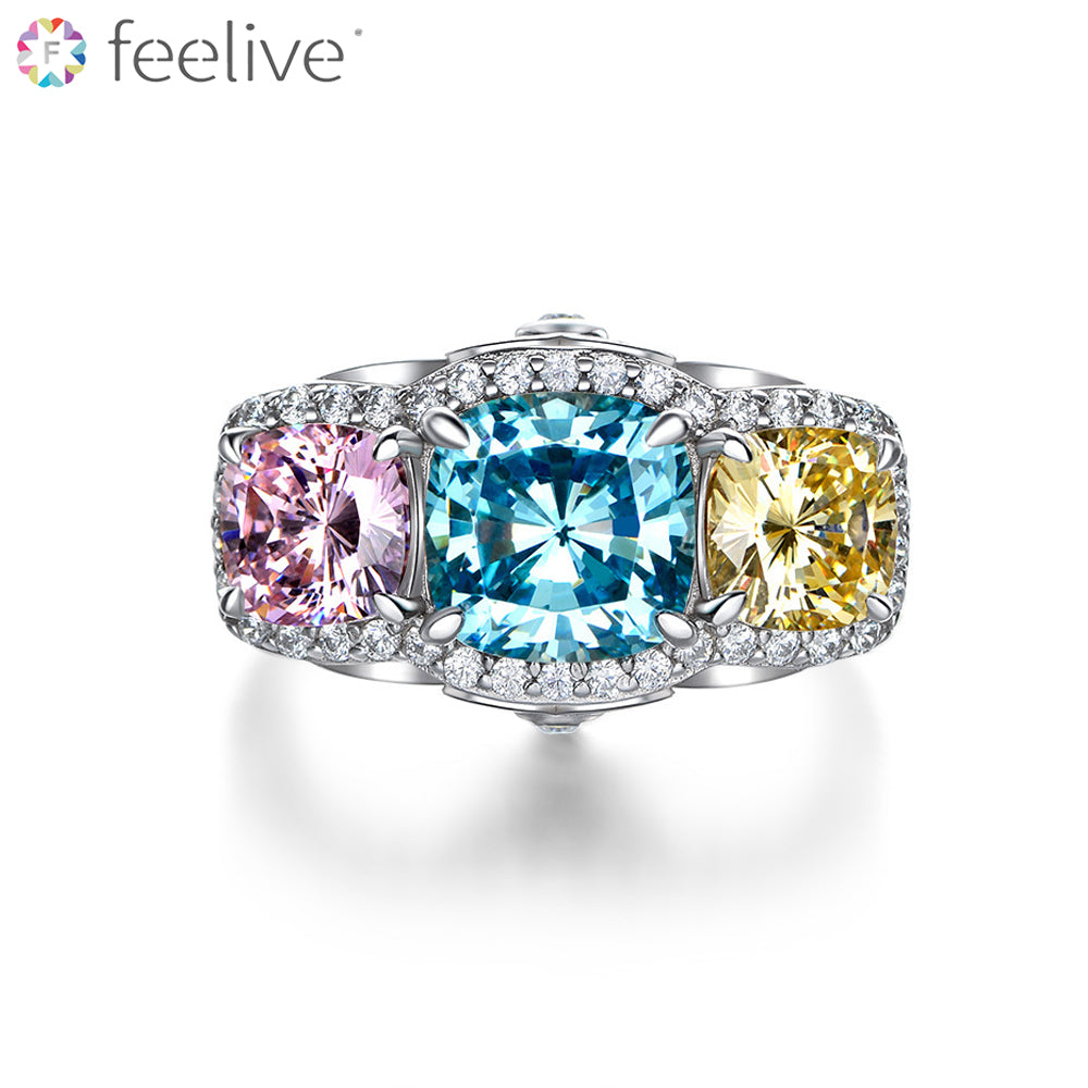 Charming Three Colored Lab Created Gemstones Ring in Sterling Silver - Feelive