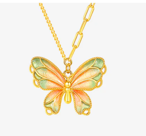 Silver Enamel Pearl Colorful Butterfly Necklace Pink green