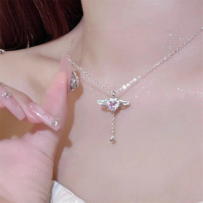 Cupid Heart Angel Wings Silver Necklace Earrings Set