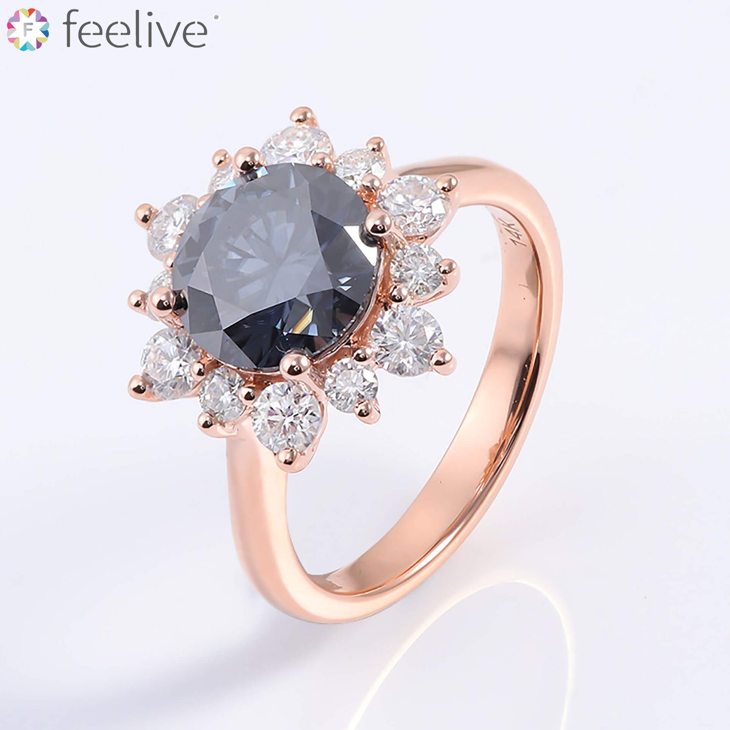 FEELIVE Vintage Blue Sun Moissanite Inlaid 14K Gold Halo Ring (Round Moissanite)