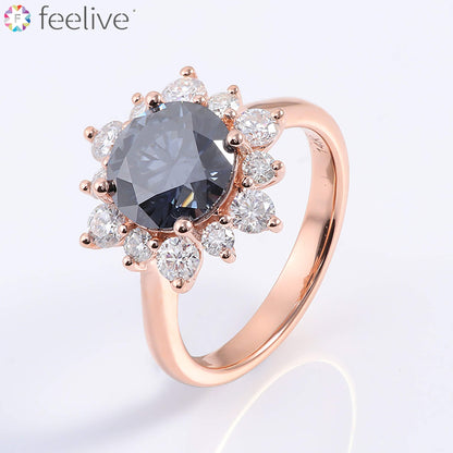 FEELIVE Vintage Blue Sun Moissanite Inlaid 14K Gold Halo Ring (Round Moissanite)