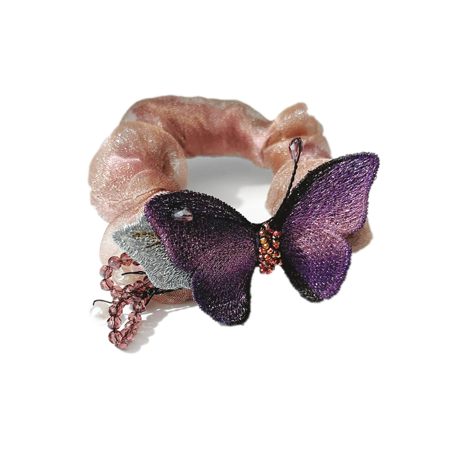 Forest Fashion Brown Flower and Purple Butterfly Hair Scrunchie - purple butterfly