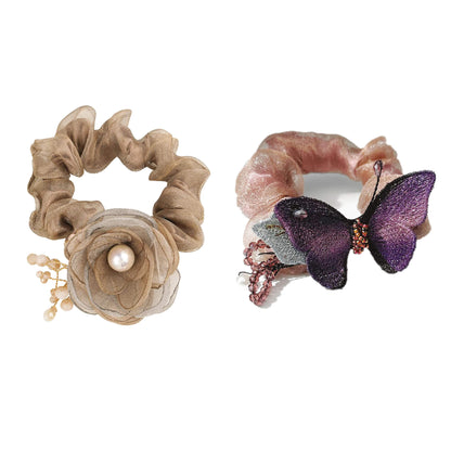 Forest Fashion Brown Flower and Purple Butterfly Hair Scrunchie - Feelive