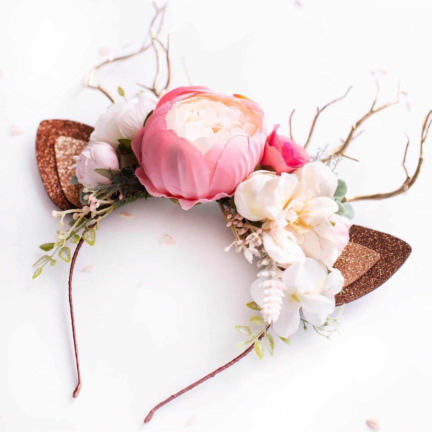 FEELIVE Glowing Simulated Reindeer Antler Pink Flowers Headband【Free Gift Box】