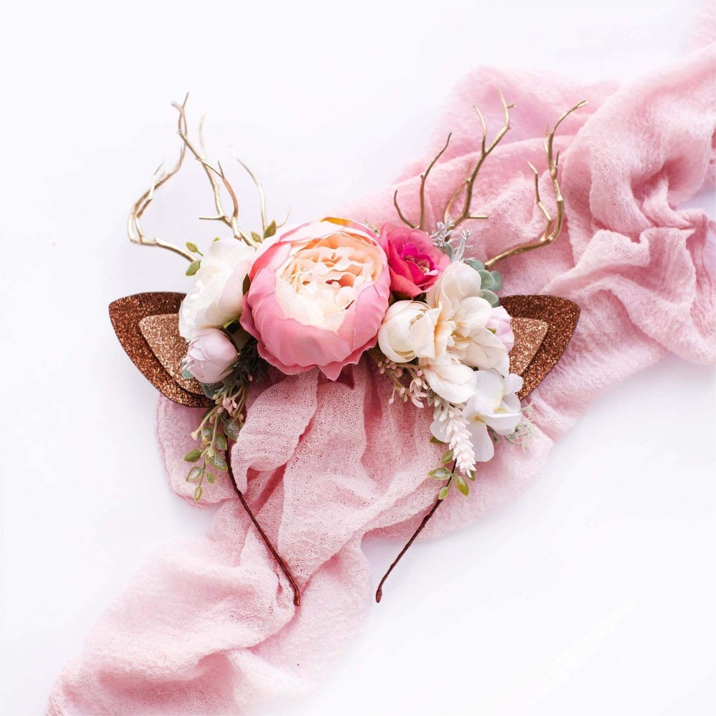 FEELIVE Glowing Simulated Reindeer Antler Pink Flowers Headband【Free Gift Box】