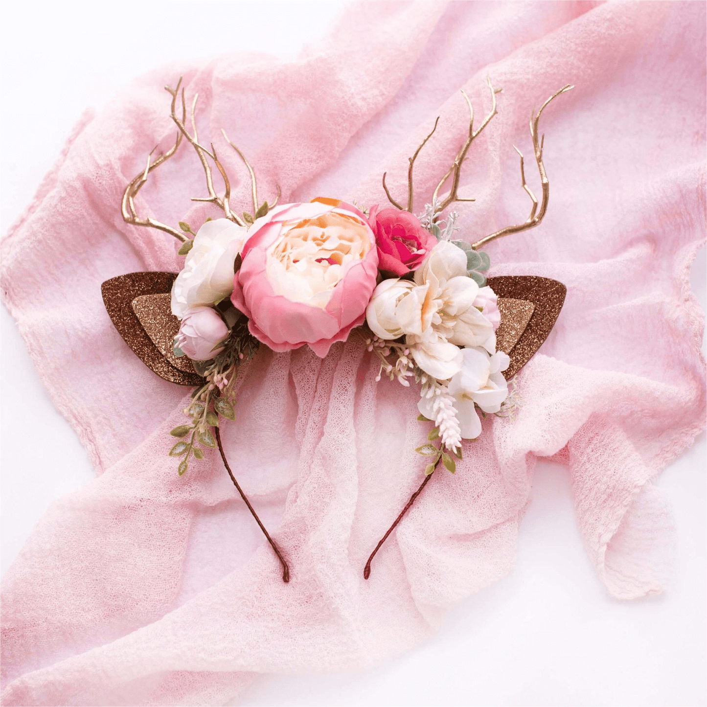 FEELIVE Glowing Simulated Reindeer Antler Pink Flowers Headband【Free Gift Box】