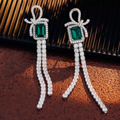 Bow-knot Tassel Lab Created Emerald Earrings in Sterling Silver front