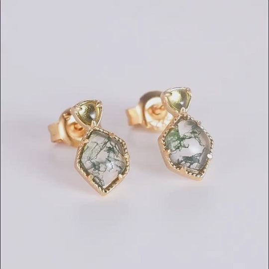 Vintage Trimmed Green Moss Agate Gold Vermeil Earrings