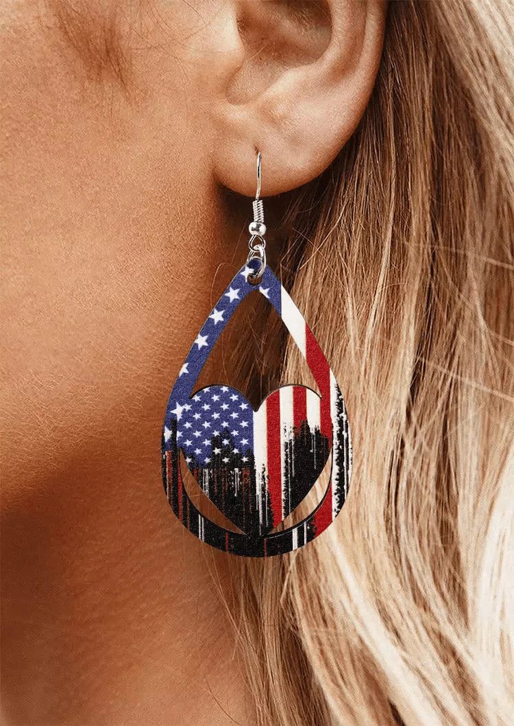 American Flag Heart Hollow Out Water Drop Earrings