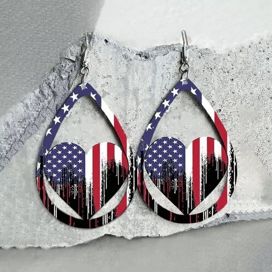 American Flag Heart Hollow Out Water Drop Earrings