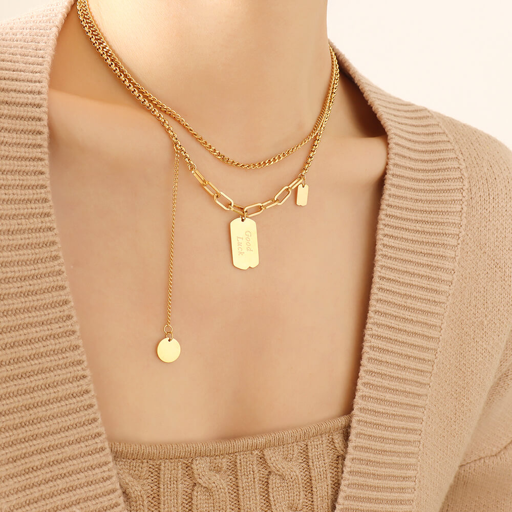 Lucky Pendant Gold Plated Titanium Layered Necklace