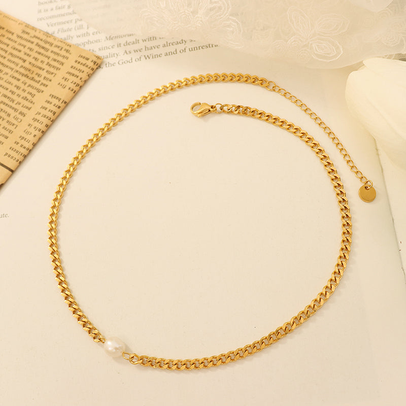 Single Pearl Gold Choker in Titanium