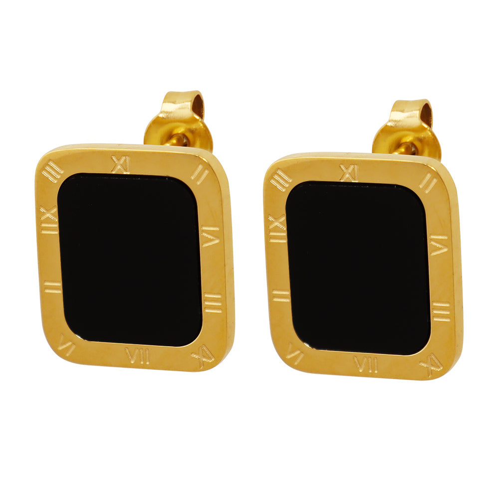 Roman Numeral Black Shell Gold Plated Titanium Stud Earrings