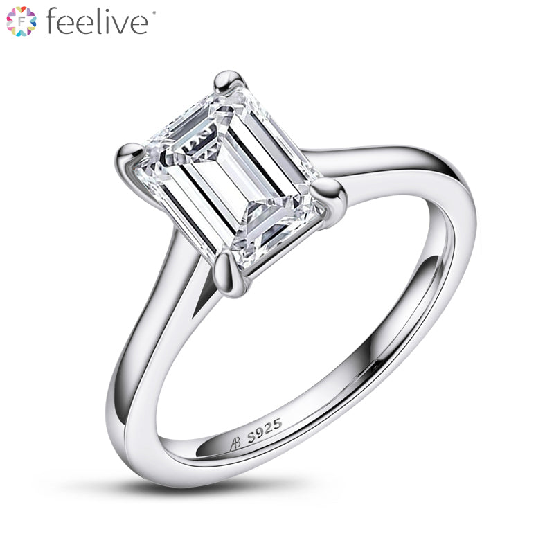 Solitaire Emerald Shaped Lab Created Gem Ring in Sterling Silver - Feelive