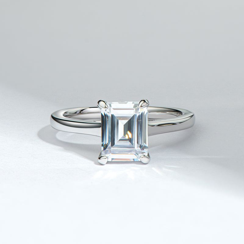 Solitaire Emerald Shaped Lab Created Gem Ring in Sterling Silver front