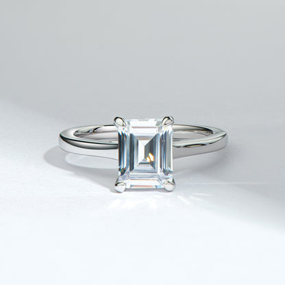 Solitaire Emerald Shaped Lab Created Gem Ring in Sterling Silver front