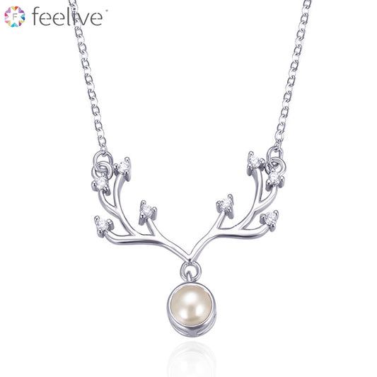 Elk Antlers Pearl Zircon Necklace in Sterling Silver - Feelive