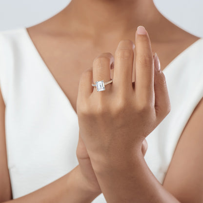 Solitaire Emerald Shaped Lab Created Gem Ring in Sterling Silver model