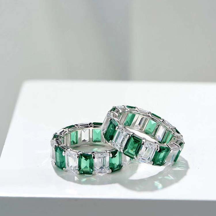 White Green Spaced Square Gem Eternity Ring in Sterling Silver