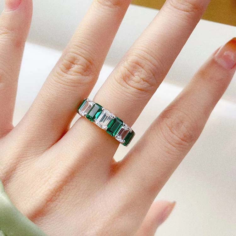 White Green Spaced Square Gem Eternity Ring in Sterling Silver model