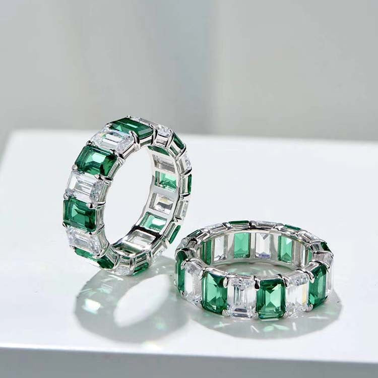 White Green Spaced Square Gem Eternity Ring in Sterling Silver 