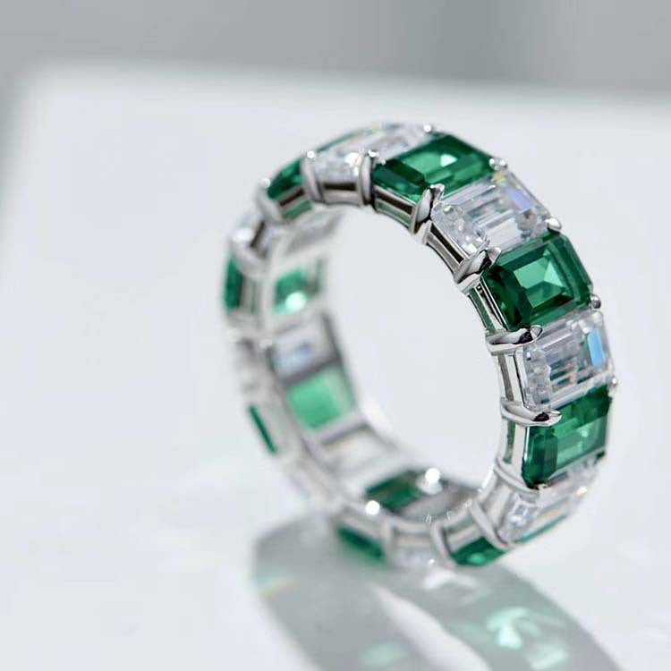 White Green Spaced Square Gem Eternity Ring in Sterling Silver