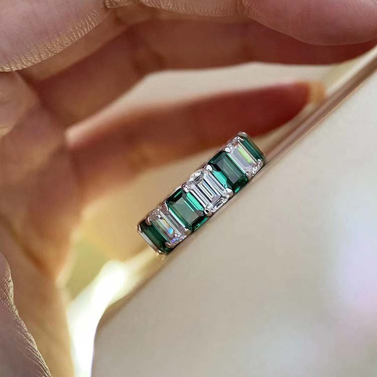 White Green Spaced Square Gem Eternity Ring in Sterling Silver