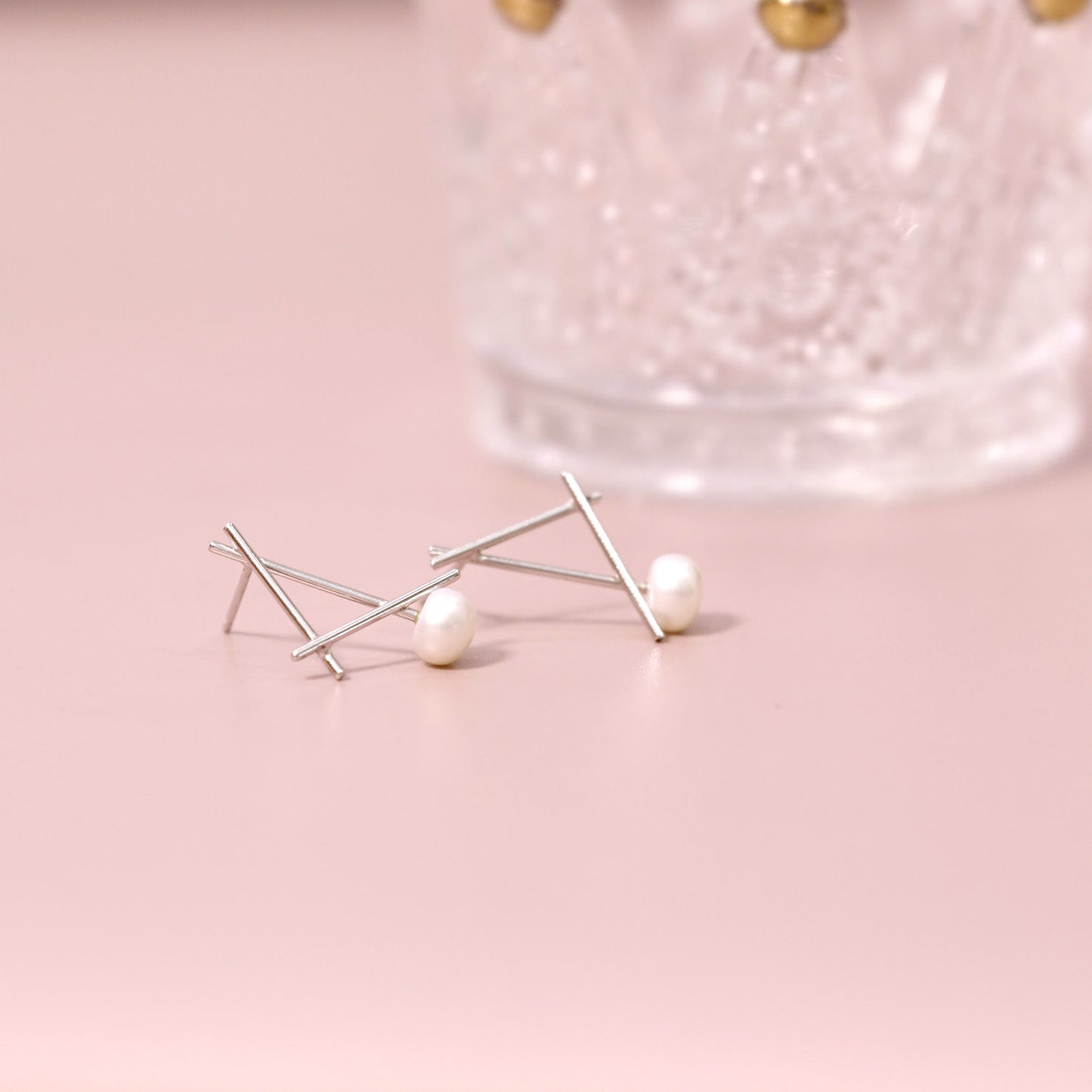 Geometry Pearl Stud Earrings in Sterling Silver