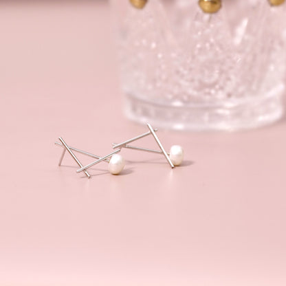 Geometry Pearl Stud Earrings in Sterling Silver