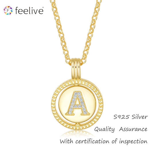 【Recommend】FEELIVE Original design S925 Silver Rotatable GlitterGold 26 Initials Necklace Alphabet Adjustable Letters Necklace (S925)
